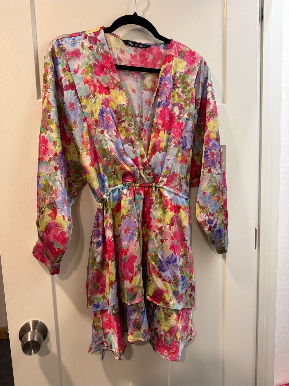 Zara Pink Multi Floral V-Neck Long Sleeve Dress